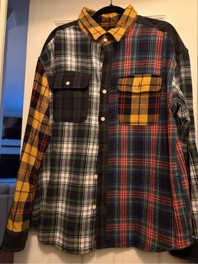 Men's Mixed Plaid Long-Sleeve Shirt Jacket - Yellow & Green